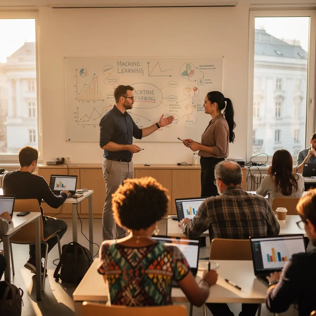 Ein Dozent erklärt Konzepte des maschinellen Lernens vor einer Gruppe von Teilnehmern.