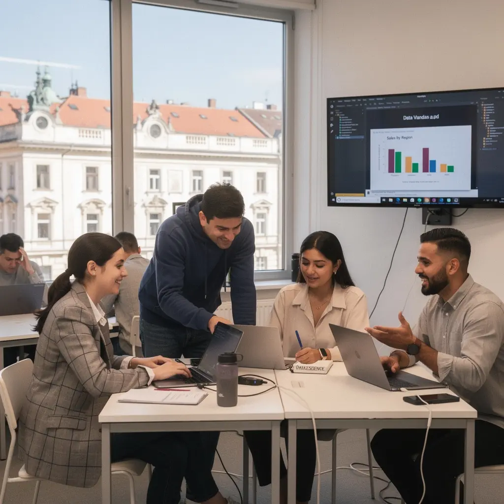 Ein Gruppenbild von Studierenden, die an einem Data Science Workshop teilnehmen und gemeinsam an Laptops arbeiten.